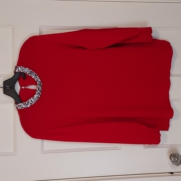 Ann Taylor Petite Crystal Jeweled Rhinestone Collar Sweater In Red - Picture 2 of 12